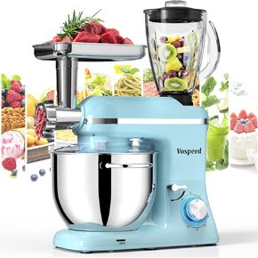 Vospeed 9 IN 1 Stand Mixer, 850W Tilt-Head Multifunctional Electric Mixer with 7.5 QT Stainless Steel Bowl, 1.5L Glass Jar, Meat Grinder, Hook, Whisk, Beater Dishwasher Safe (Black)