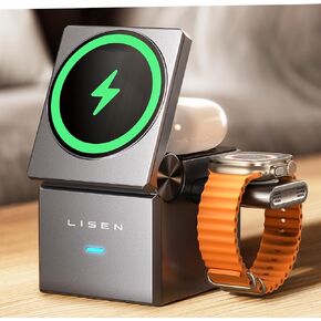 LISEN 3 in 1 Charging Station Apple, for iPhone Wireless Charging Station for Apple Devices Magsafe Charger Stand Cube Charger, Travel Magsafe Charging Stand for iPhone 16 15 Pro Airpods and Watch