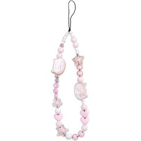 oAutoSjy Mobile Phone Chain Strap Cute Kitten Head Star Flower Heart Beaded Phone Case Charm Beaded Mobile Phone Lanyard Wrist Strap Pink Anti-Lost Phone String Bracelet Keychain Charm for Women Girls