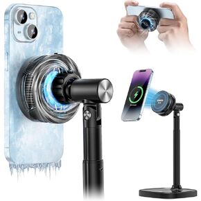 ULANZI SK-10 3 in 1 Magnetic Cell Phone Stand with Cooling Fan and Wireless Charger for iPhone, Height Adjustable Phone Desk Holder Semiconductor Cooling Fan for Live Streaming Gaming Phone Cooler