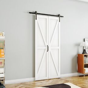 Bi-Fold Barn Door 36"（18" x2） x 84", K Shaped Panel with Sliding Hardware Kit Set, Finished Closet Door Slab, 3.3FT Track for 2 Doors, MDF, White
