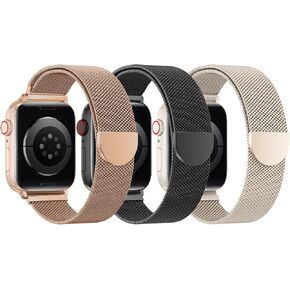 BELONGME 3 Pack Mesh Loop Compatible with Apple Watch Bands for Women Men 40mm 41mm 38mm 42mm 44mm 45mm 49mm 46mm Series 10 9 8 7 6 5 4 3 2 1 Ultra SE, Stainless Steel Metal Magnetic Strap for iWatch