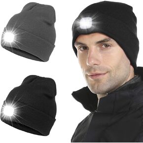 Tutuko LED Beanie with Light (2 Pack), Gifts for Men Dad Husband Him Women, USB Rechargeable Lighted Cap Headlamp Hat, Unisex Warm Winter Knitted LED Hat with Flashlight