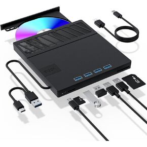 External CD/DVD Drive for Laptop – 7-in-1USB Portable CD/DVD Player Burner, High-Speed External Disk Drive with SD/TF Card Reader, 4 USB 3.0 Ports, Compatible with Windows 11/10, Linux, Mac (7 IN 1)