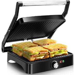 Aigostar Panini Press Grill, 4 Slice 1200W Sandwich Maker with Non-Stick Plates, Temperature Control, Opens 180 Degrees Indoor Grill, Removable Drip Tray, Indicator Lights, cool touch handle.