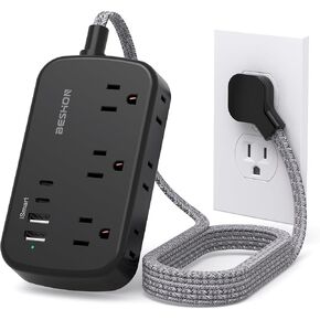 سلك تمديد مسطح بطول 15 قدم، شريط طاقة مسطح مع USB C، سلك تمديد مسطح رفيع للغاية - 6 منافذ مع 4 منافذ USB (منفذين USB C)، لا يوجد واقي من زيادة التيار لأساسيات السفر في غرفة النوم