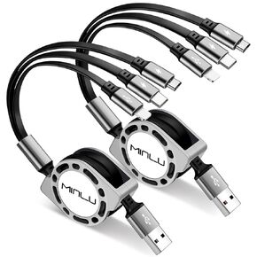 Multi Charging Cable 3A, [2Pack 4ft] Retractable Multi Charging Cord 3 in 1 Fast Charger Cord, Multi Charger Adapter with Lightning/Type C/Micro USB Ports for Cell Phones/iPhone/Samsung/PS/Tablets
