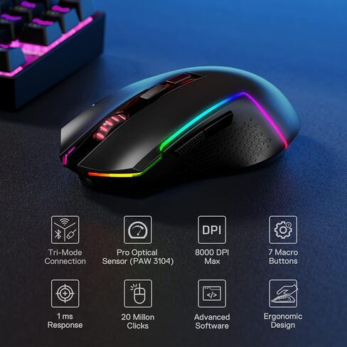 Redragon M693 Wireless Gaming Mouse, 8000 DPI Wired/Wireless Gamer Mouse w/ 3-Mode Connection, BT & 2.4G Wireless, 7 Macro Buttons, Reliable Power Capacity for PC/Mac/Laptop in Saudi Arabia