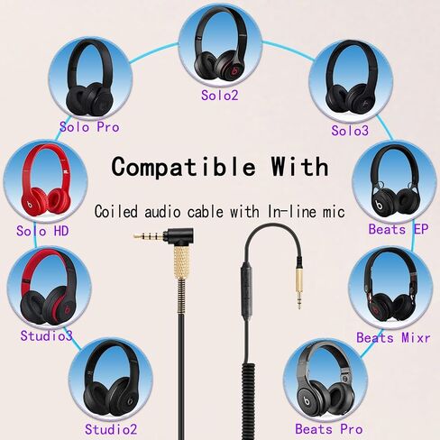 استبدال كابل الصوت ملفوف Studio3 لسماعات الرأس اللاسلكية Beats Studio3 / Solo3، كابل سماعة رأس ميكروفون مدمج 3.5 ملم للتحكم في مستوى الصوت لجهاز PS5 Xbox One، 8 أقدام. in Kuwait
