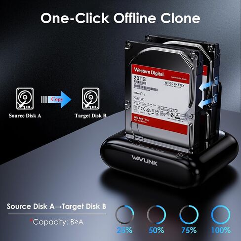 محطة إرساء محرك الأقراص الصلبة WAVLINK Dual Bay - USB 3.0 إلى SATA I/II/III لـ 2.5 بوصة و3.5 بوصة HDD/SSD مع إطار ثابت، تدعم وظيفة النسخ/النسخ دون اتصال بالإنترنت، وتدعم 2x20 تيرابايت مع UASP 6 جيجابت في الثانية - أسود in Saudi Arabia