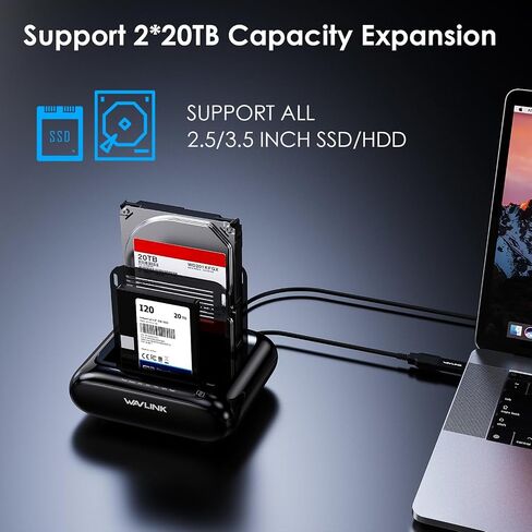 محطة إرساء محرك الأقراص الصلبة WAVLINK Dual Bay - USB 3.0 إلى SATA I/II/III لـ 2.5 بوصة و3.5 بوصة HDD/SSD مع إطار ثابت، تدعم وظيفة النسخ/النسخ دون اتصال بالإنترنت، وتدعم 2x20 تيرابايت مع UASP 6 جيجابت في الثانية - أسود in Saudi Arabia