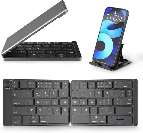 Samsers Foldable Bluetooth Keyboard - Portable Wireless Keyboard with Stand Holder, Rechargeable Full Size Ultra Slim Keyboard Compatible IOS Android Windows Smartphone Tablet and Laptop-Black in Kuwait