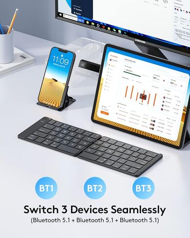 Samsers Foldable Bluetooth Keyboard - Portable Wireless Keyboard with Stand Holder, Rechargeable Full Size Ultra Slim Keyboard Compatible IOS Android Windows Smartphone Tablet and Laptop-Black in Kuwait