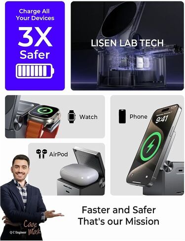 LISEN 3 in 1 Charging Station Apple, for iPhone Wireless Charging Station for Apple Devices Magsafe Charger Stand Cube Charger, Travel Magsafe Charging Stand for iPhone 16 15 Pro Airpods and Watch in Kuwait