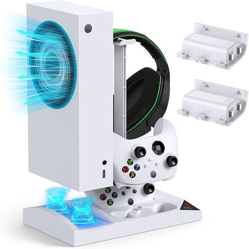 Charger Stand with Cooling Fan for Xbox Series S Console and Controller,Vertical Dual Charging Dock Accessories with 2 x 1400mAh Rechargeable Battery and Cover, Earphone Bracket for XSS(Black) in Saudi Arabia