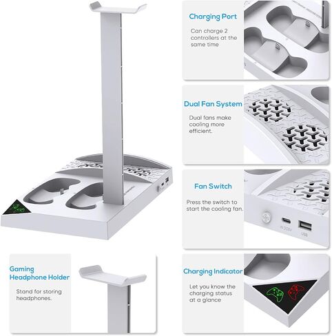 Charger Stand with Cooling Fan for Xbox Series S Console and Controller,Vertical Dual Charging Dock Accessories with 2 x 1400mAh Rechargeable Battery and Cover, Earphone Bracket for XSS(Black) in Saudi Arabia