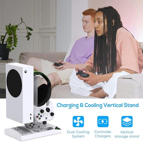 Charger Stand with Cooling Fan for Xbox Series S Console and Controller,Vertical Dual Charging Dock Accessories with 2 x 1400mAh Rechargeable Battery and Cover, Earphone Bracket for XSS(Black) in Saudi Arabia
