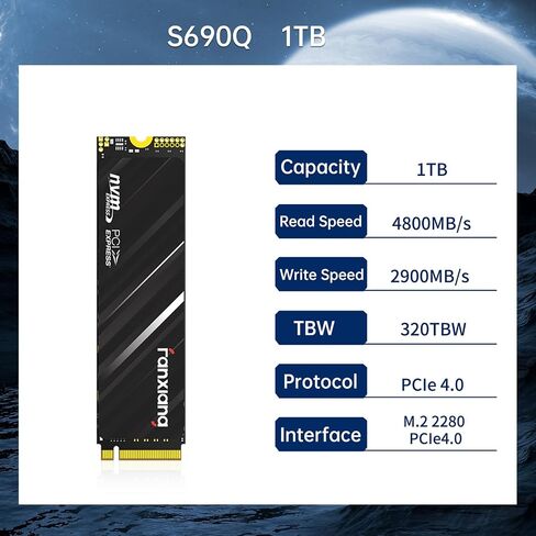 fanxiang 1 تيرابايت NVMe SSD PCIe Gen4 M.2 SSD لـ PS5، ما يصل إلى 4800 ميجابايت/ثانية، SSD للألعاب الداخلية لـ PS5، تخزين ترقية محرك الأقراص الصلبة NAND SLC Cache ثلاثي الأبعاد للكمبيوتر الشخصي/أجهزة الكمبيوتر المحمولة S690Q in Kuwait