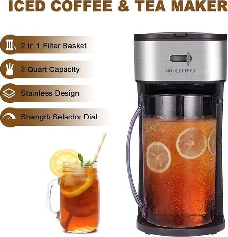 LITIFO Iced Tea Maker and Iced Coffee Maker Brewing System with 2-quart Pitcher, sliding strength selector for Taste Customization, Stainless Steel (Black) in Saudi Arabia