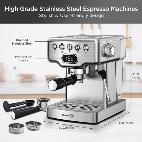 Geek Chef Espresso Machine, 20 Bar Espresso Maker with Milk Frother Steam Wand, Compact Coffee Machine with for Cappuccino,Latte, Fast Heating, Stainless Steel in Saudi Arabia