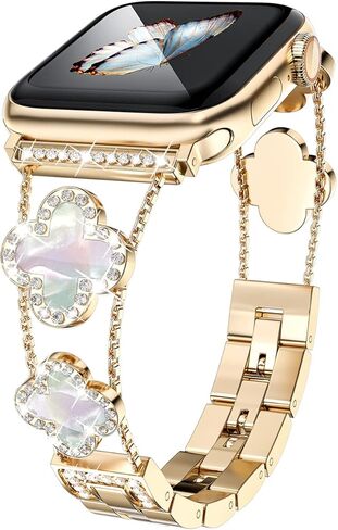 diamond metal band adds sparkle to your watch - Compatible with Apple Watch Series 8/7/6/5/4/3/2/1SE/Ultra - Clover is simple and stylish, fits women's sizes 38mm 40mm 41mm 42mm 44mm 45mm 49mm.(Gold/black, 42mm/44mm/45mm) in Kuwait