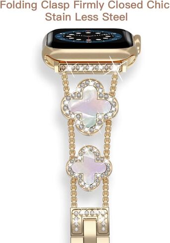 diamond metal band adds sparkle to your watch - Compatible with Apple Watch Series 8/7/6/5/4/3/2/1SE/Ultra - Clover is simple and stylish, fits women's sizes 38mm 40mm 41mm 42mm 44mm 45mm 49mm.(Gold/black, 42mm/44mm/45mm) in Kuwait