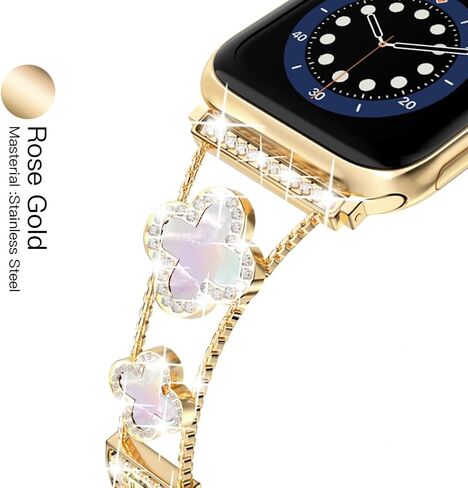 diamond metal band adds sparkle to your watch - Compatible with Apple Watch Series 8/7/6/5/4/3/2/1SE/Ultra - Clover is simple and stylish, fits women's sizes 38mm 40mm 41mm 42mm 44mm 45mm 49mm.(Gold/black, 42mm/44mm/45mm) in Kuwait