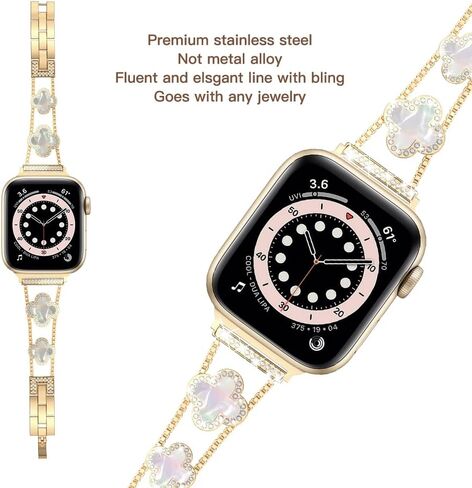 diamond metal band adds sparkle to your watch - Compatible with Apple Watch Series 8/7/6/5/4/3/2/1SE/Ultra - Clover is simple and stylish, fits women's sizes 38mm 40mm 41mm 42mm 44mm 45mm 49mm.(Gold/black, 42mm/44mm/45mm) in Kuwait
