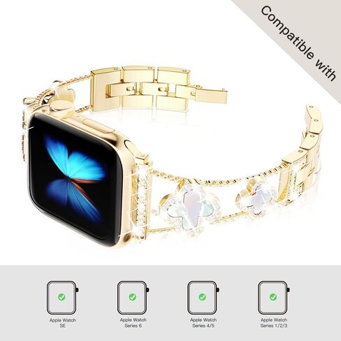 diamond metal band adds sparkle to your watch - Compatible with Apple Watch Series 8/7/6/5/4/3/2/1SE/Ultra - Clover is simple and stylish, fits women's sizes 38mm 40mm 41mm 42mm 44mm 45mm 49mm.(Gold/black, 42mm/44mm/45mm) in Kuwait