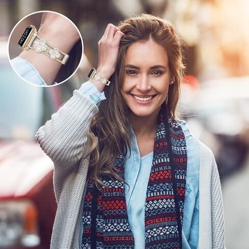 diamond metal band adds sparkle to your watch - Compatible with Apple Watch Series 8/7/6/5/4/3/2/1SE/Ultra - Clover is simple and stylish, fits women's sizes 38mm 40mm 41mm 42mm 44mm 45mm 49mm.(Gold/black, 42mm/44mm/45mm) in Kuwait