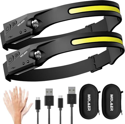 Rechargeable LED Headlamp, 230° Illumination Headlight with Motion Sensor, Lightweight, Weatherproof, 2 Light Source Head Lamp Flashlight for Camping, Hiking, Running, Outdoor - Adults and Kids in Saudi Arabia