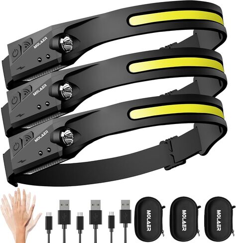 Rechargeable LED Headlamp, 230° Illumination Headlight with Motion Sensor, Lightweight, Weatherproof, 2 Light Source Head Lamp Flashlight for Camping, Hiking, Running, Outdoor - Adults and Kids in Saudi Arabia