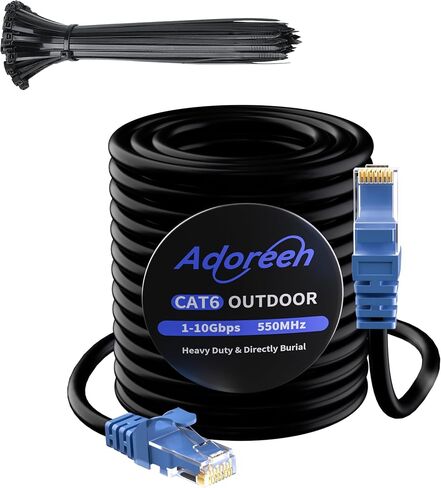Adoreen Cat 6 Outdoor Ethernet Cable 100 Ft Black, High Speed Heavy Duty Long Internet Network Cable for POE Camera Cat 5 5e RJ45 LAN Patch Cable Cord, Sturdy Waterproof Direct Burial+25 Ties in Saudi Arabia