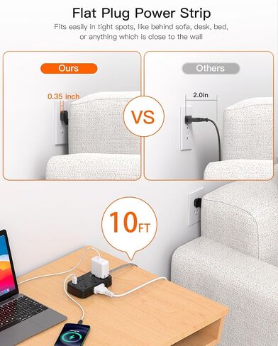 سلك تمديد مسطح بطول 15 قدم، شريط طاقة مسطح مع USB C، سلك تمديد مسطح رفيع للغاية - 6 منافذ مع 4 منافذ USB (منفذين USB C)، لا يوجد واقي من زيادة التيار لأساسيات السفر في غرفة النوم in Saudi Arabia