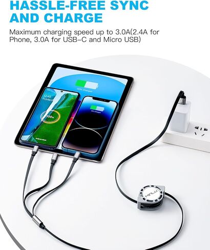 Multi Charging Cable 3A, [2Pack 4ft] Retractable Multi Charging Cord 3 in 1 Fast Charger Cord, Multi Charger Adapter with Lightning/Type C/Micro USB Ports for Cell Phones/iPhone/Samsung/PS/Tablets in Kuwait