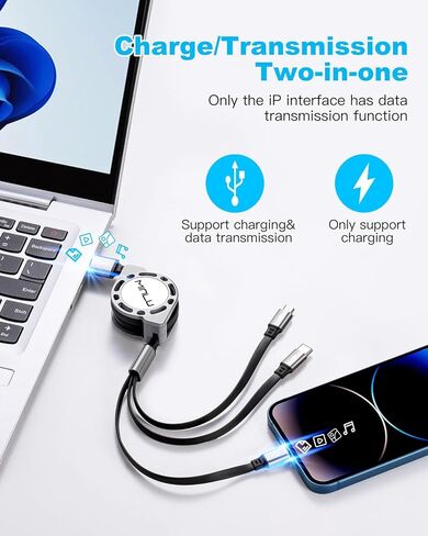 Multi Charging Cable 3A, [2Pack 4ft] Retractable Multi Charging Cord 3 in 1 Fast Charger Cord, Multi Charger Adapter with Lightning/Type C/Micro USB Ports for Cell Phones/iPhone/Samsung/PS/Tablets in Kuwait
