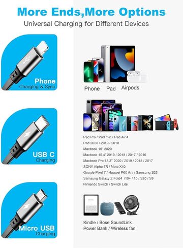 Multi Charging Cable 3A, [2Pack 4ft] Retractable Multi Charging Cord 3 in 1 Fast Charger Cord, Multi Charger Adapter with Lightning/Type C/Micro USB Ports for Cell Phones/iPhone/Samsung/PS/Tablets in Kuwait