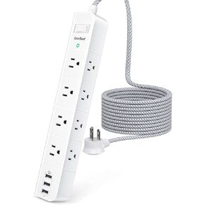10 ft Extension Cord, Power Strip Surge Protector - 8 Widely AC Outlets 3 USB, Flat Plug, Desktop Charging Station with Overload Protection, Wall Mount for Home, Office, Travel, Computer ETL Listed