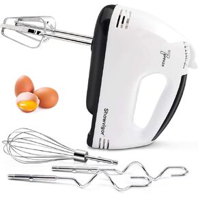 7-Speed Hand Mixer, 5-Piece Set, 2 Stainless Steel Dough Hooks, 2 Stirrers, 1 Traditional Whisk, Hand Mixer Electric Handheld for Stirring Meat, Dough, Eggs, Dishwasher Safe(White)