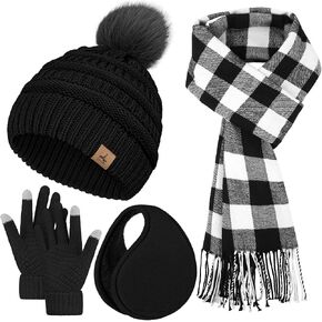 Winter Hat Scarf Gloves and Ear Warmer, Knit Warm Beanie Hat Touch Screen Gloves Long Knitted Plaid Scarf Set Gifts for Women