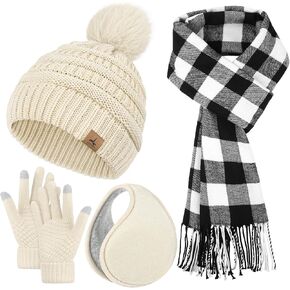 قفازات وشاح قبعة الشتاء وتدفئة الأذن، قبعة صغيرة دافئة متماسكة قفازات شاشة اللمس طويلة محبوكة منقوشة وشاح مجموعة هدايا للنساء in Kuwait