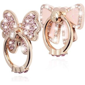 Finger Ring Stand Popsocket,2 Pack Luxury Glitter Diamond Universal Metal Pop Socket for iPhone 15/14/13/12/11 Pro Max, Galaxy S24/S23/S22 Ultra, Finger Ring Grip Holder for All Smartphone, Pink/Bow