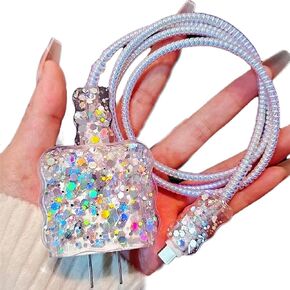Cute Cable Protector Cover for iPhone Charger,Shiny Glitter Data Line Cable USB Wire Saver Kawaii Cat Ear Shape Design,Decoration Cable Saver,DIY Soft Charger Cord Protector for iPad Charger Cover