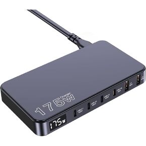 175W USB-C Charger, Ultra-Thin 6 Ports GaN Fast Charging Station, PPS PD 100W Laptop Charger Adapter, LCD Display, Compatible with MacBook Pro/Air, iPhone 15/14/13, Pixel, Galaxy, and More