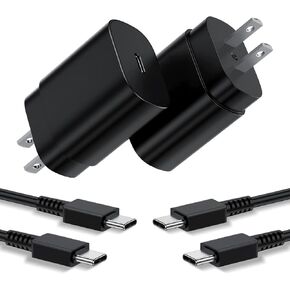 شاحن من النوع C، 2 حزمة 25 وات PD شاحن حائط USB فائق السرعة وسلك كابل هاتف Android بطول 6 أقدام لهاتف Samsung Galaxy S24 S23 S22 S21 S20 (Plus Ultra)/ Note 20 10 9 8/ S10 S9 S8، Pixel 6 5 4 Pro XL
