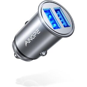 AINOPE Car Charger Smallest 4.8A All Metal USB Car Charger Port Fast Charge Car Charger Adapter Flush Fit Compatible with iPhone 16 Pro Max /15/14/13/12 iPad Air/Mini 3 Samsung Note 9/S10/S9, Black