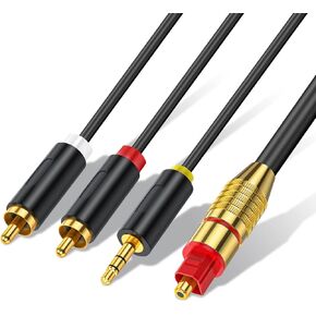 192KHz Digital to Analog Audio Converter Cable, 10Ft SPDIF Optical to RCA L/R & 3.5mm AUX Converter Cord for Audio from HDTV PS4 Blue Ray Player to Home Stereo System and Headphones