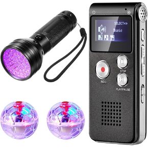 Dunzy 4 Pcs Ghost Hunting Equipment Kit Includes 1 Pocket Digital Voice Recorder 2 LED Light Up Pet Cat Ball 1 Black UV Flashlight, 8 GB (Stylish)(Classic) in Kuwait
