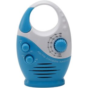 Shower Radio, AM/FM Button Bathroom Radio with Top Handle, Waterproof Hanging Shower Radio Speaker Adjustable Volume Music Player for Home Party Outdoor Travel Hiking(White & Blue)