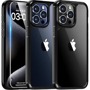 حافظة TAURI 3 في 1 لهاتف iPhone 15 Pro، [غير صفراء] مع واقي شاشة 2X، [حماية من السقوط من الدرجة العسكرية] حافظة هاتف نحيفة مقاومة للصدمات لهاتف iPhone 15 Pro، أسود